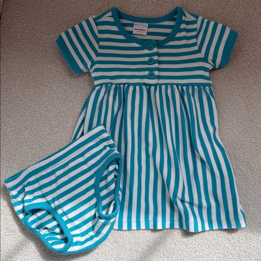 Hanna Andersson Teal and White Striped Cotton Dress with Matching Bloomers